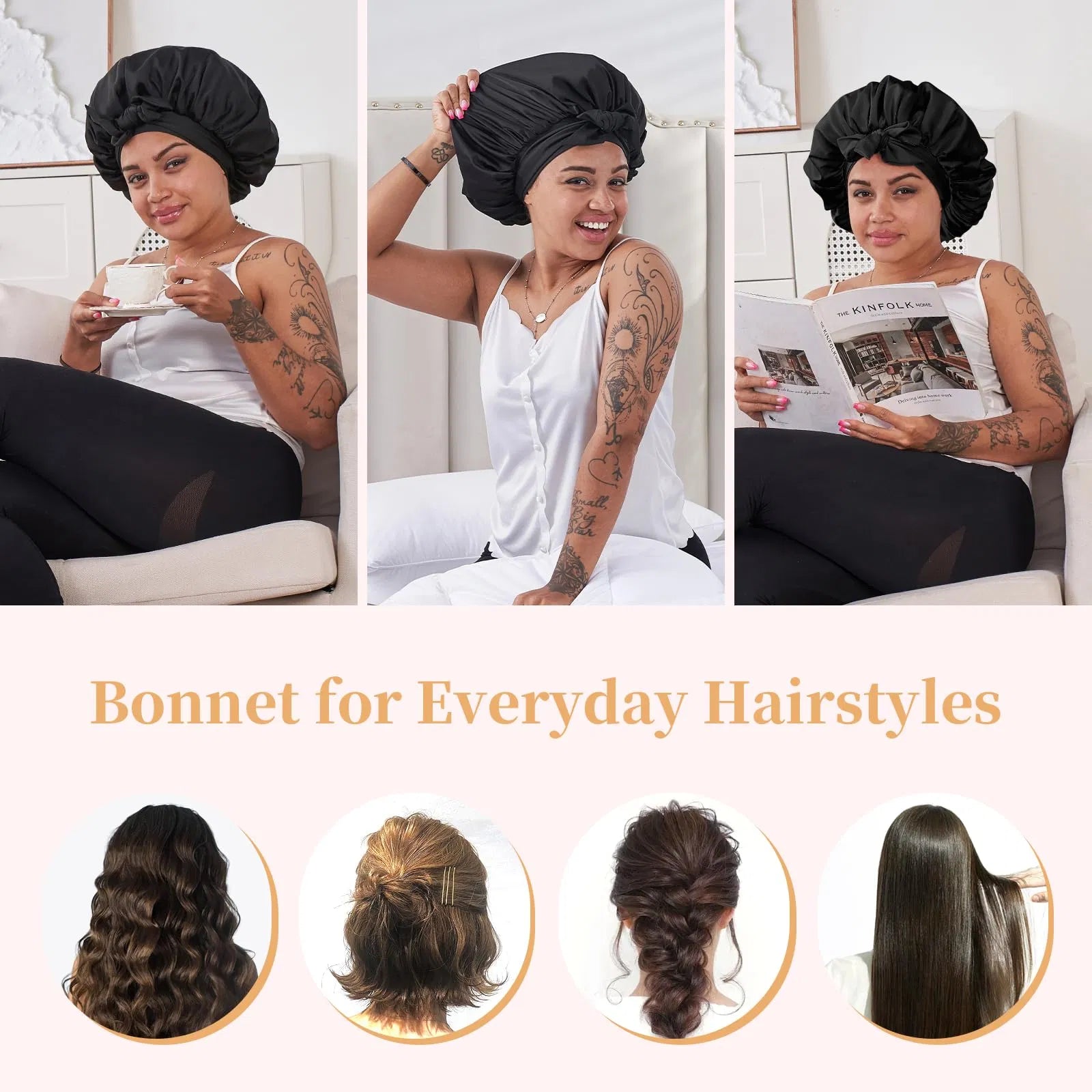 Schlafhaube aus Seide für Damen, Schlafhaube aus Satin für gewelltes lockiges Naturhaar, Damen und Herren – Schwarz