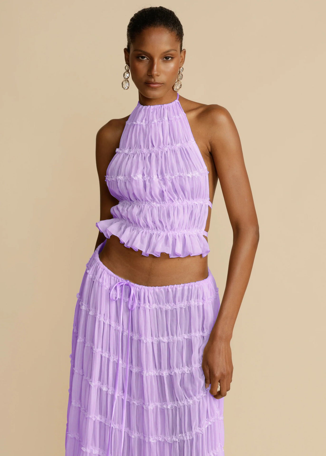 Women's Halter Crop Top & Pleated Maxi Skirt Set – Sexy Backless 2-Piece Beach Dress Suit