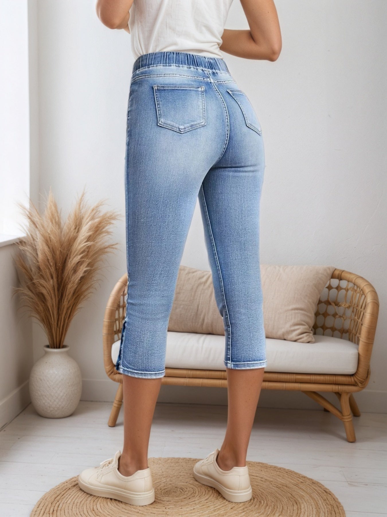 Women's Chic Drawstring Denim Shorts with Split Button Hem in Blue – AdriaPulse