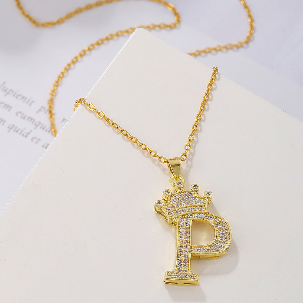 Gold Crown Initial Letter Pendant Necklace – Zircon A–Z Alphabet Jewelry
