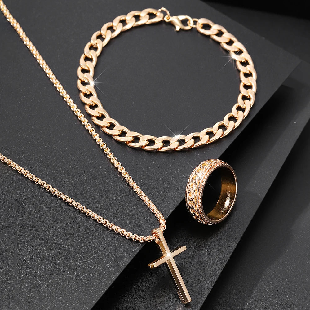 Herren 3-teiliges Mode-Schmuckset aus Legierung – Kreuz-Anhänger Halskette, Armband & Ring Kombination