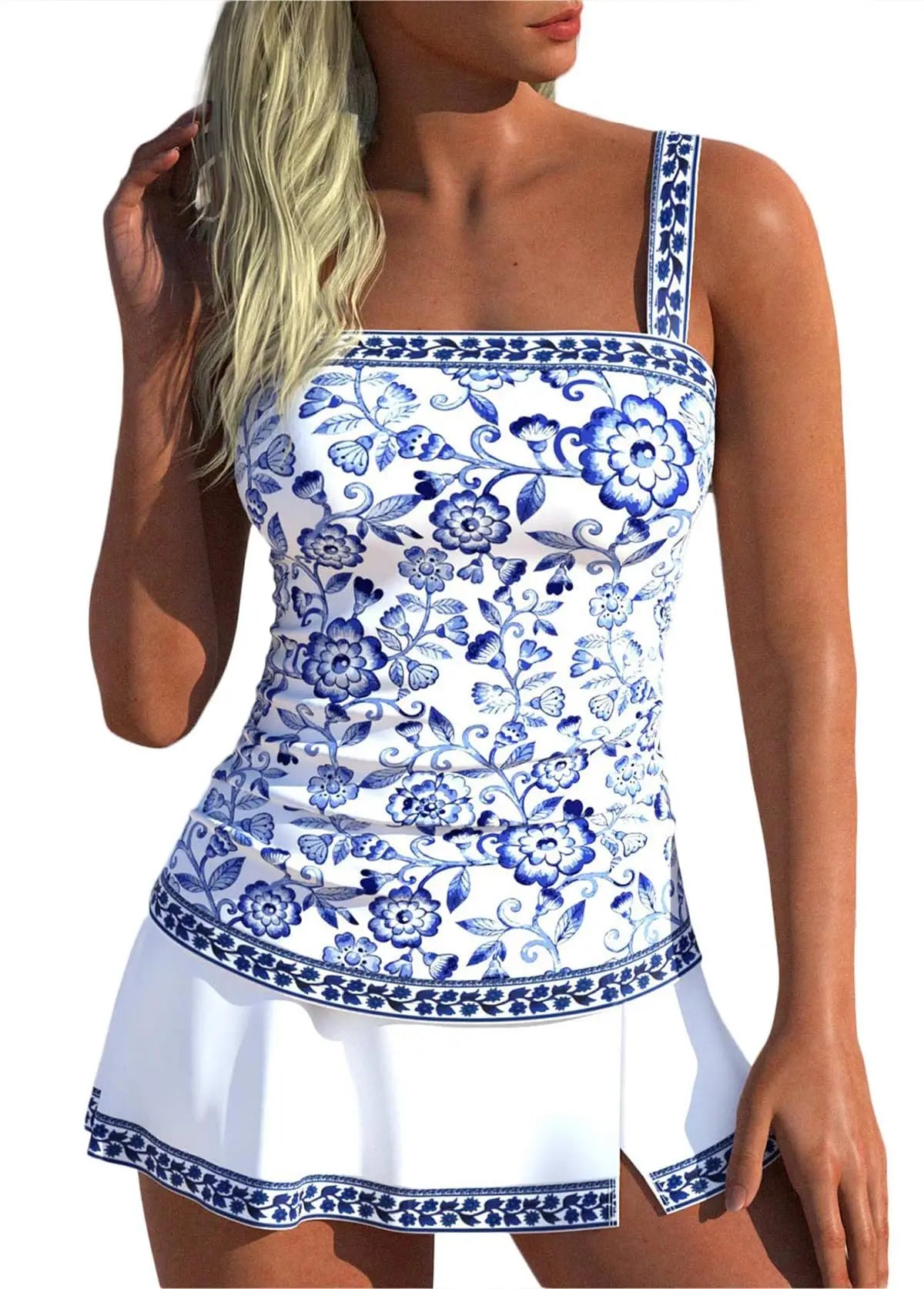 ROSEWE Damen Tankini Badeanzüge mit Bauchkontrolle, Zweiteilige geraffte Badeanzüge, Badekleid mit Blumenmuster und Rock