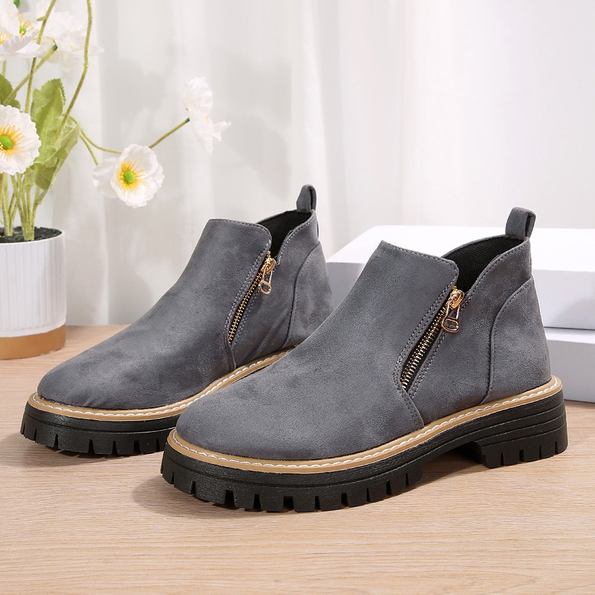 Women's Suede Chunky Ankle Boots – Block Heel Side Zipper | EU 36–43