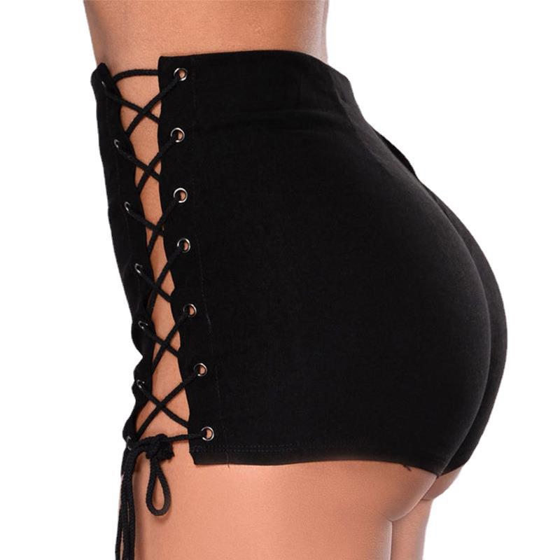 Women's Side Bandage High Waist Denim Shorts – Black Stretch Jean Shorts