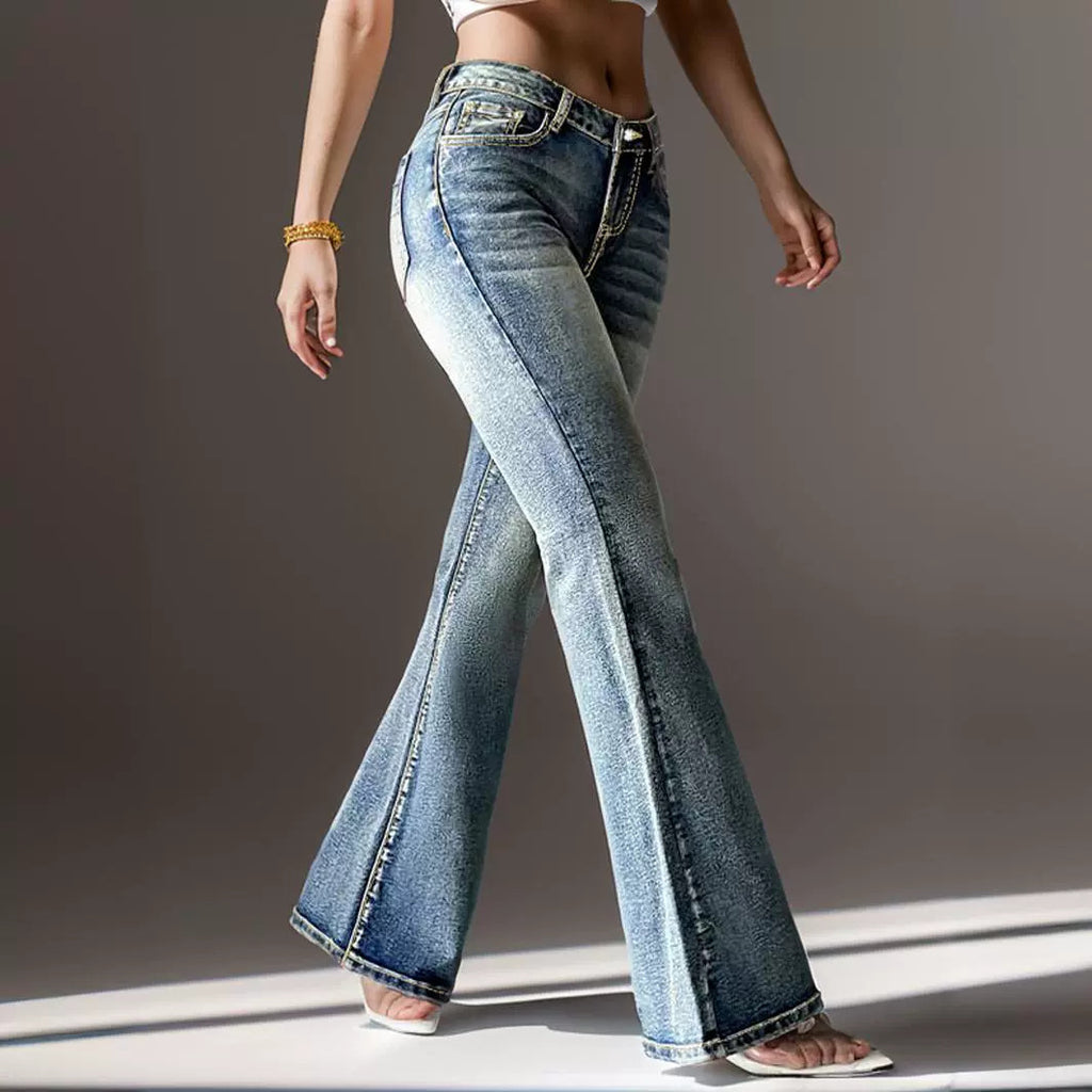 Women's Embroidered Bootcut Jeans – High-Waist Stretch Denim, Sea Blue