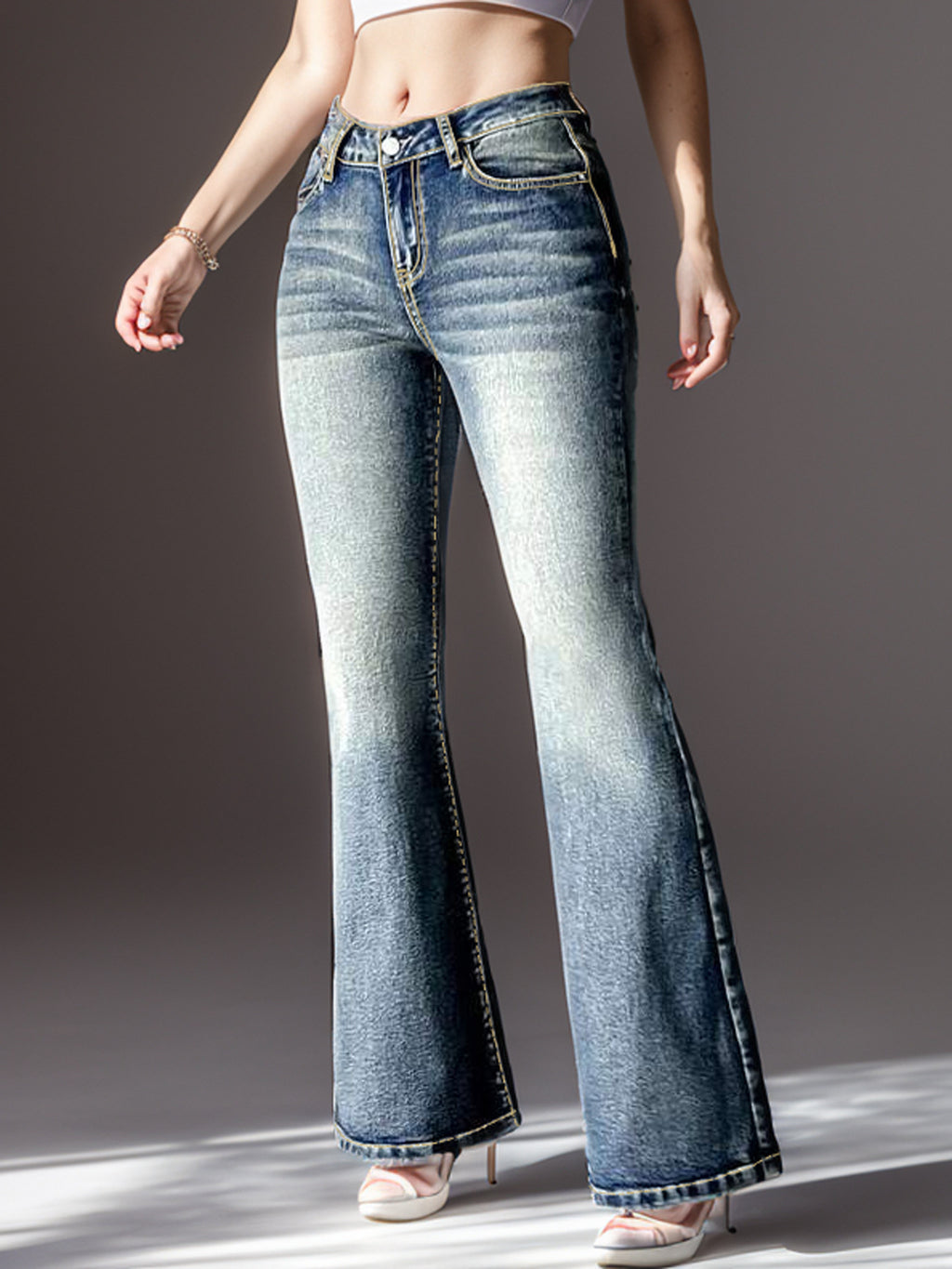 Women's Embroidered Bootcut Jeans – High-Waist Stretch Denim, Sea Blue