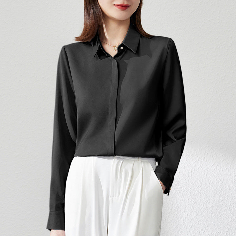 Women's Satin Long Sleeve Button Shirt Elegant OL Business Blouse – AdriaPulse

