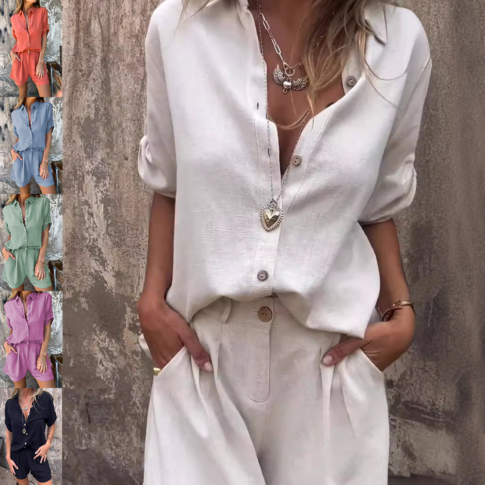 Women's Linen Short Sleeve Shirt & Shorts Two-Piece Suit White – AdriaPulse