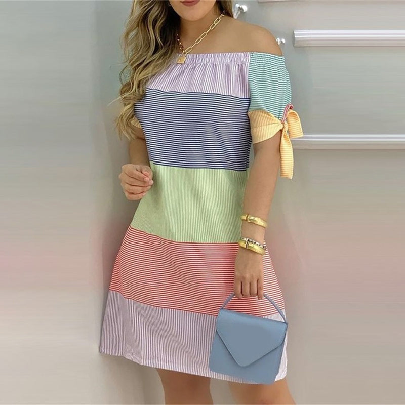 Women's Off-Shoulder Slim Dress with Elegant Knot Detail Spring Summer Evening Dress Front View – AdriaPulse