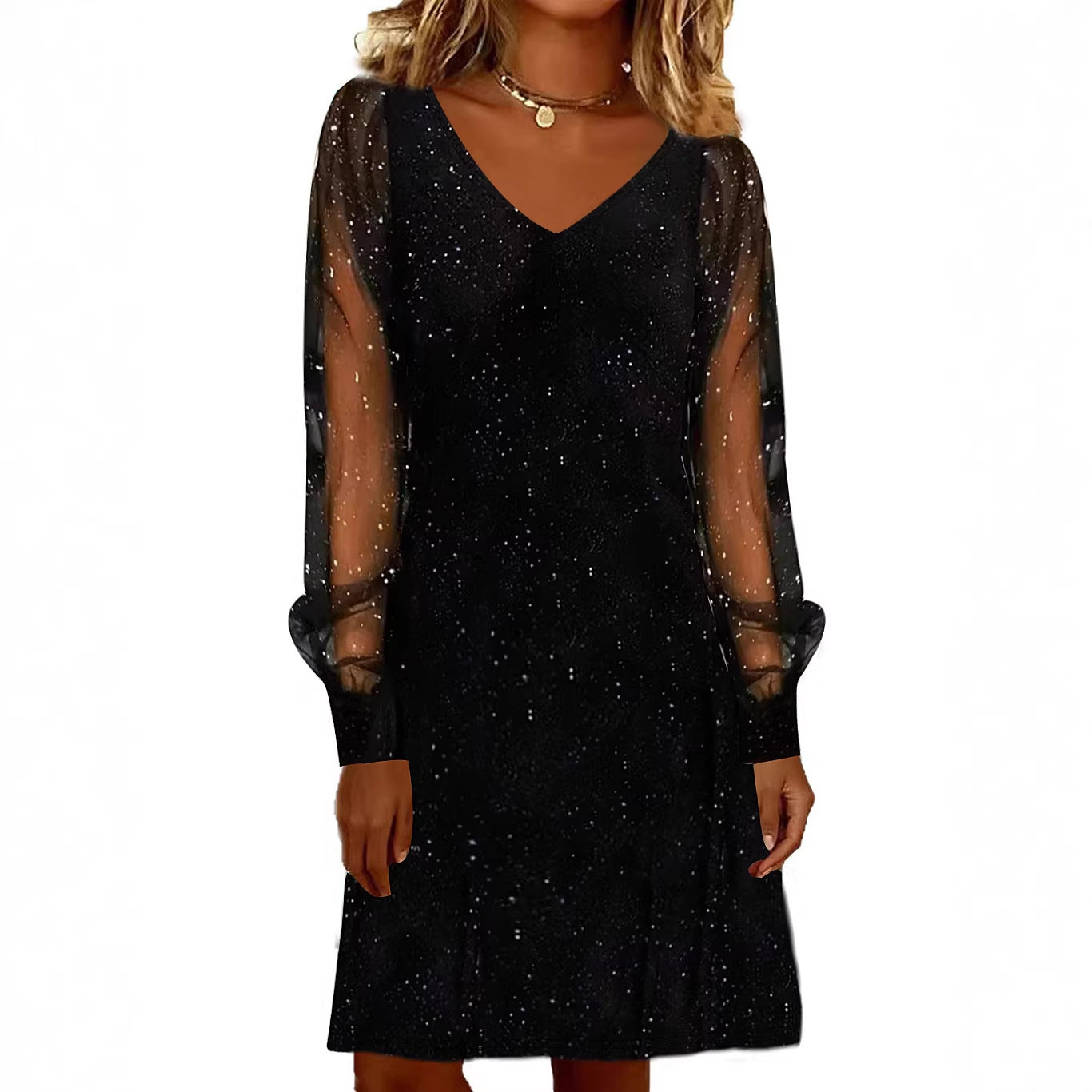 V-Neck Mesh Sleeve Mini Dress | Women's Shiny Party Dress – Autumn Winter Evening