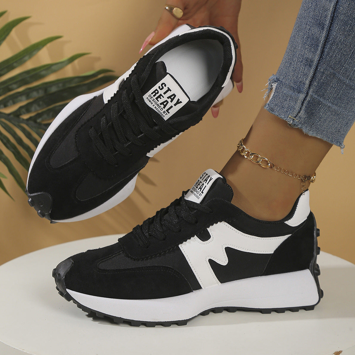 Womens Chunky-Soled Sneakers Lace-up Casual Shoes