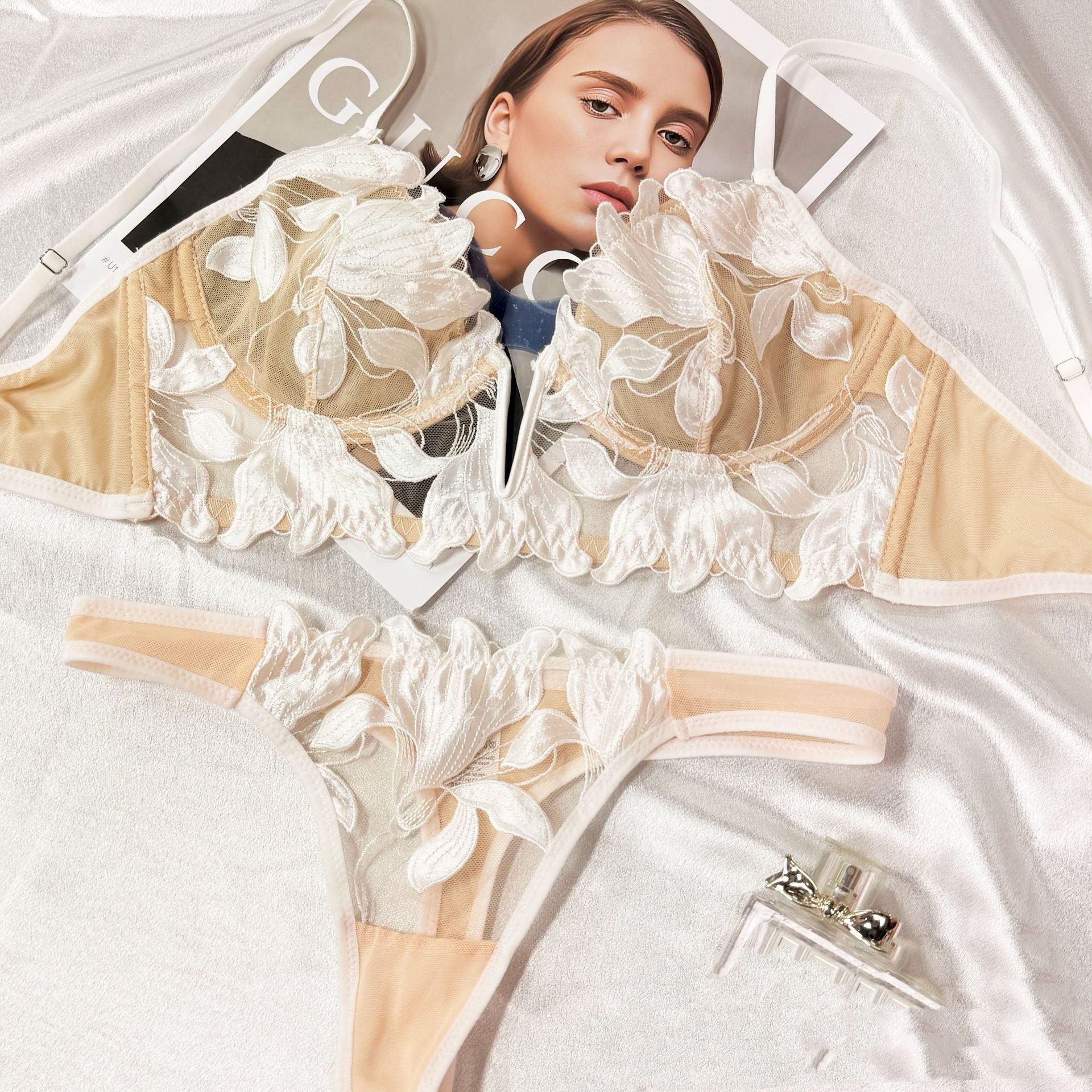 Deep V-Neck Embroidery Lace Sleepwear Set – 9 Colors XS–2XL