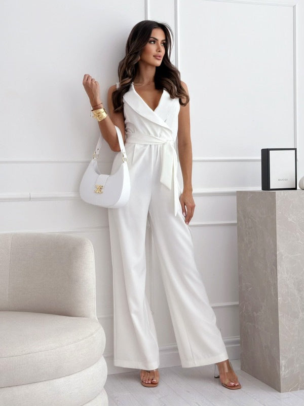 Women's V-Neck Sleeveless Belted Jumpsuit Summer Fashion Wide-Leg Trousers Romper – AdriaPulse
