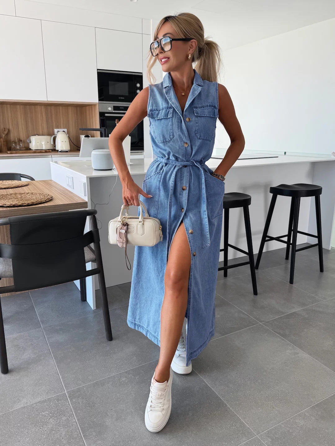 Women's Sleeveless Single-Breasted Denim Maxi Dress Tie Waist Street Fashion Long Dress Pink Front View – AdriaPulse