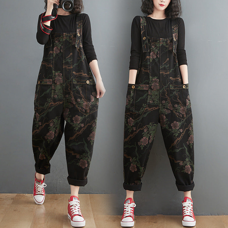 "Women's black water-washed slim-fit denim suspender overalls with print detail, urban casual spring summer style – AdriaPulse"