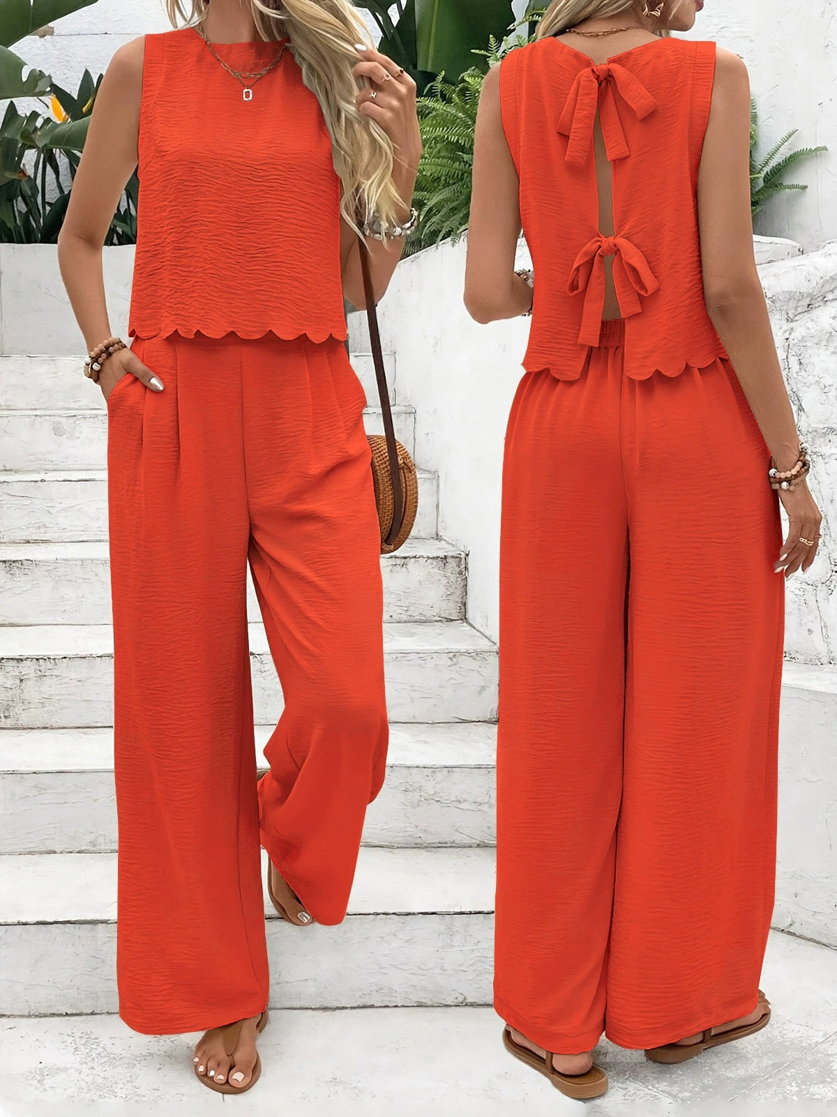 Women's Sleeveless Lace Trim Vest & Wide-Leg Trousers Set – Summer Co-ord