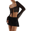 Damen Crop Tops Langarm Durchsichtig Einfarbig Zum Binden Cardigan Mesh Transparent T-Shirt Sexy Sommer Streetwear