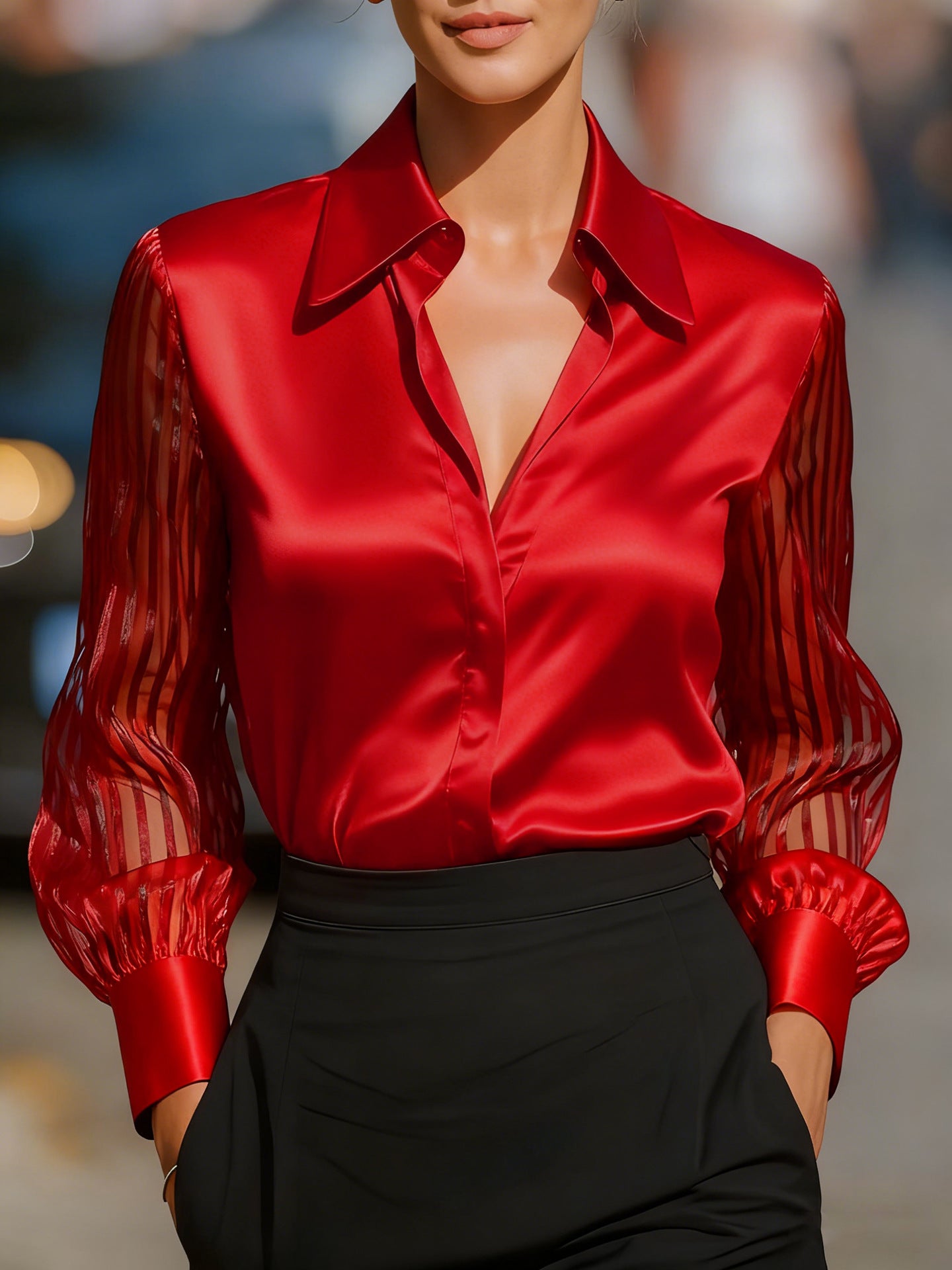 Women's Satin Long Sleeve Loose Shirt RED– AdriaPulse