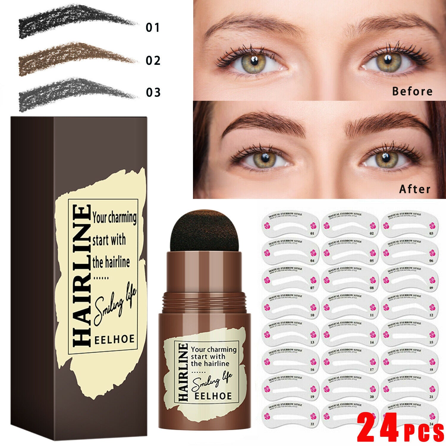 Eyebrow Stamp Stencil Kit – Airbrush Brow Definer with 24 Stencils