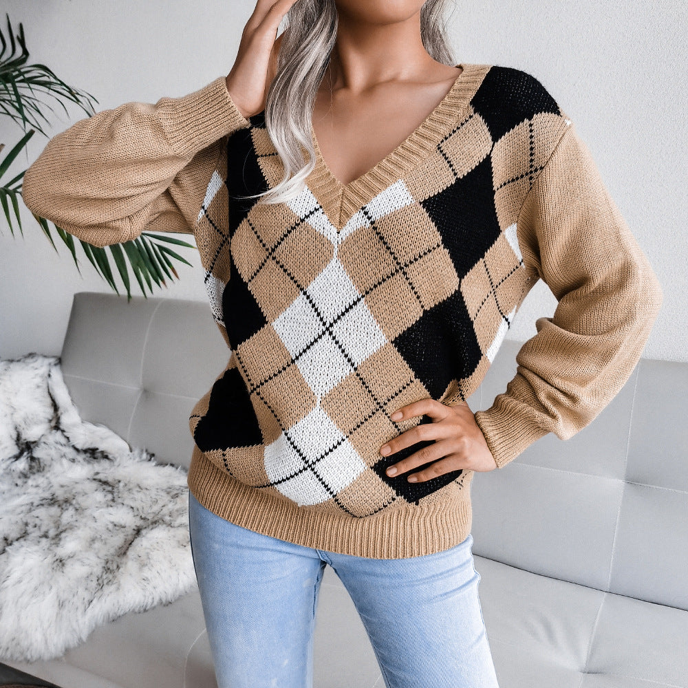 Women's Preppy Diamond Knit Sweater – Urban Casual Acrylic Pullover