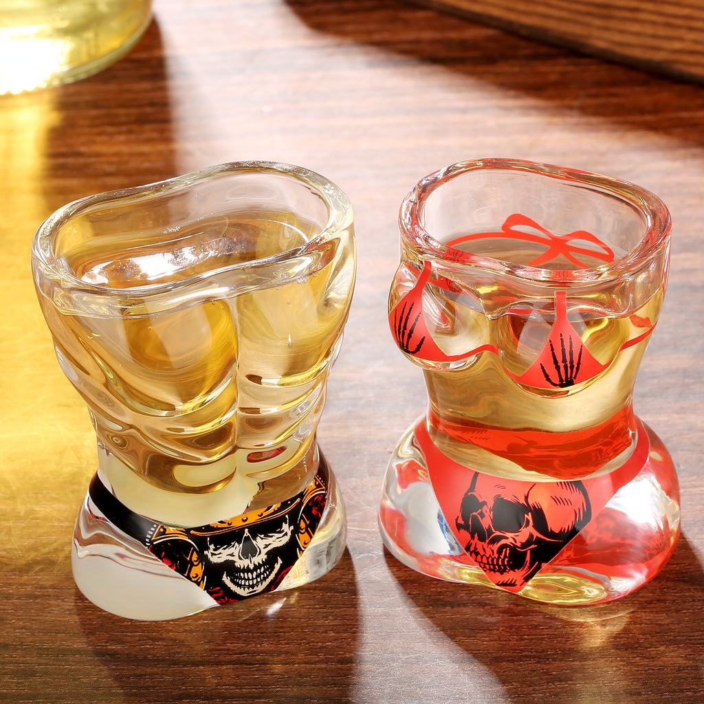 2 Pieces, Black Muscle Men's And Red Bikini Skull Style Glass Small Wine Glasses Bar Tools Christmas Gift, Halloween Gift, Birthday Gift, Company Party Gift, Universal Gift