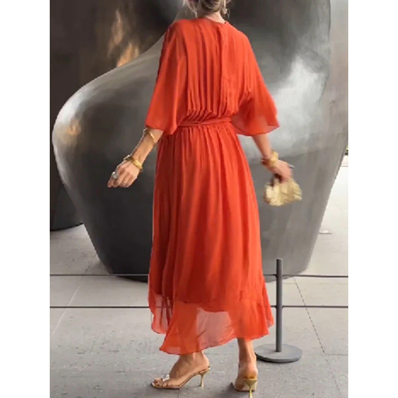 Batwing Sleeve V-Neck Midi Dress Flowy Tied Fairy Dress Women AdriaPulse
