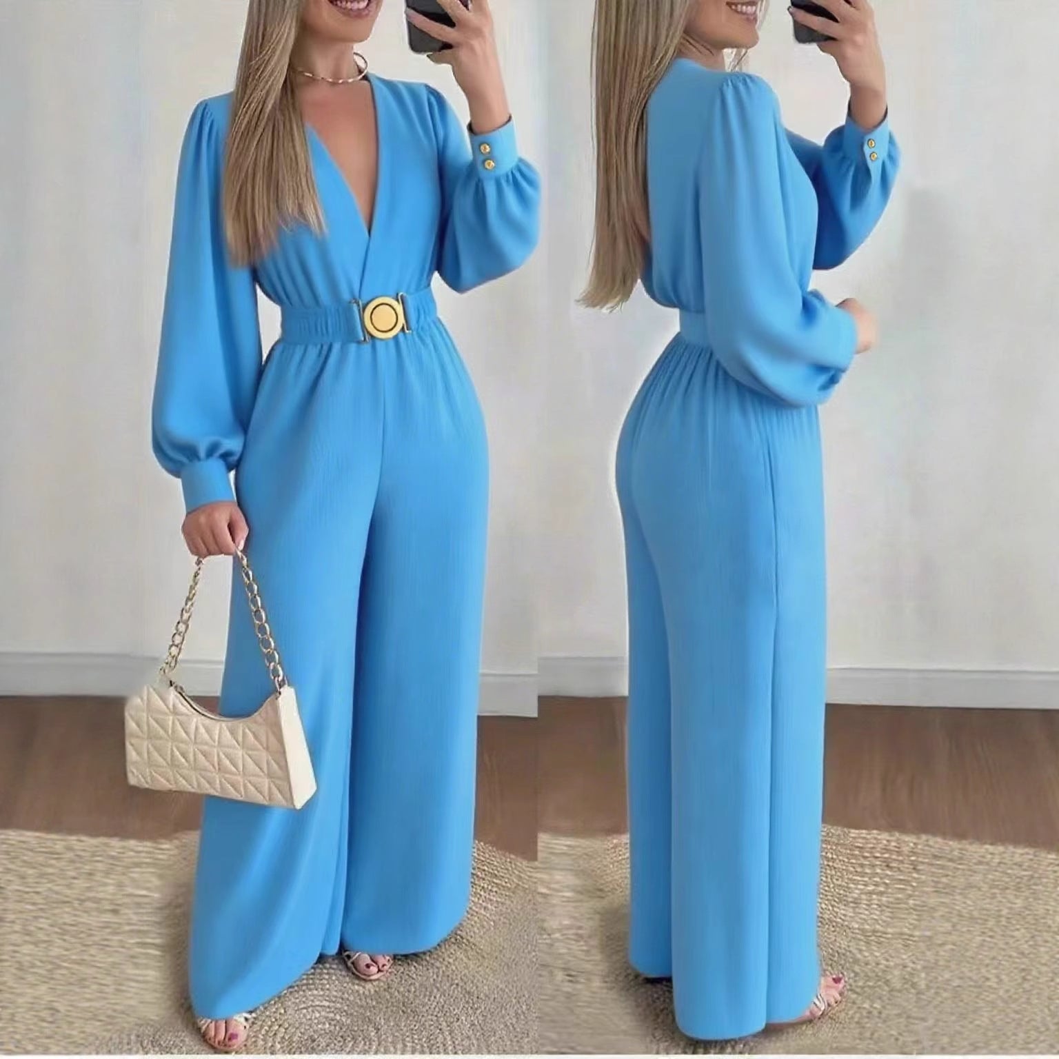Women's Deep V-Neck Long Sleeve Jumpsuit Elegant  – AdriaPulse