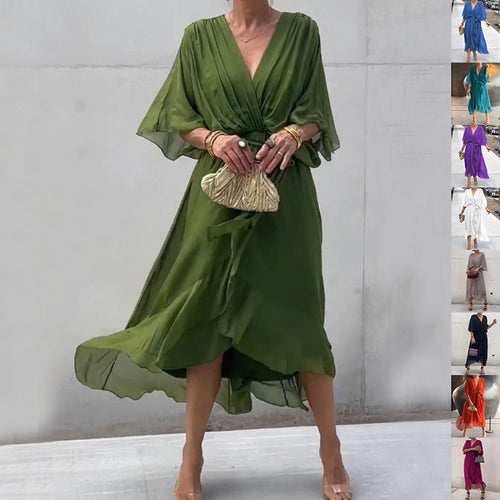 Batwing Sleeve V-Neck Midi Dress Flowy Tied Fairy Dress Women AdriaPulse
