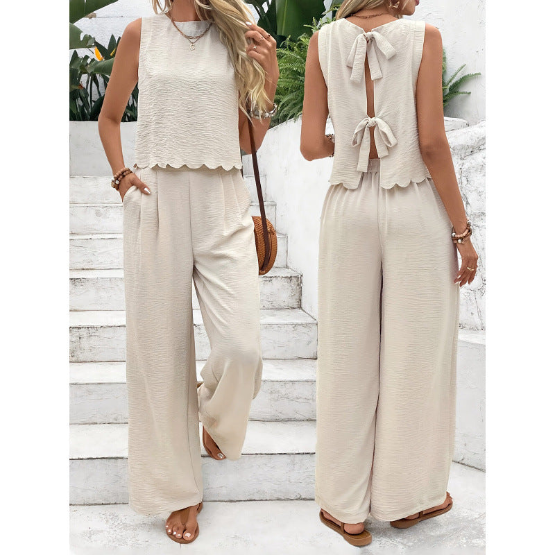Women's Sleeveless Lace Trim Vest & Wide-Leg Trousers Set – Summer Co-ord