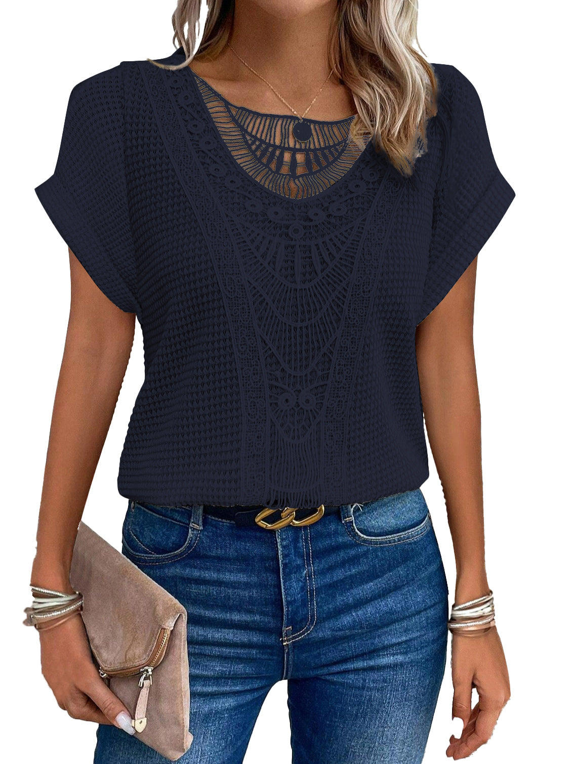 Women's Hollow Out Short Sleeve Top – Ethnic Style Summer Tee