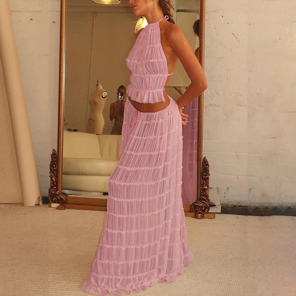 Women's Halter Crop Top & Pleated Maxi Skirt Set – Sexy Backless 2-Piece Beach Dress Suit