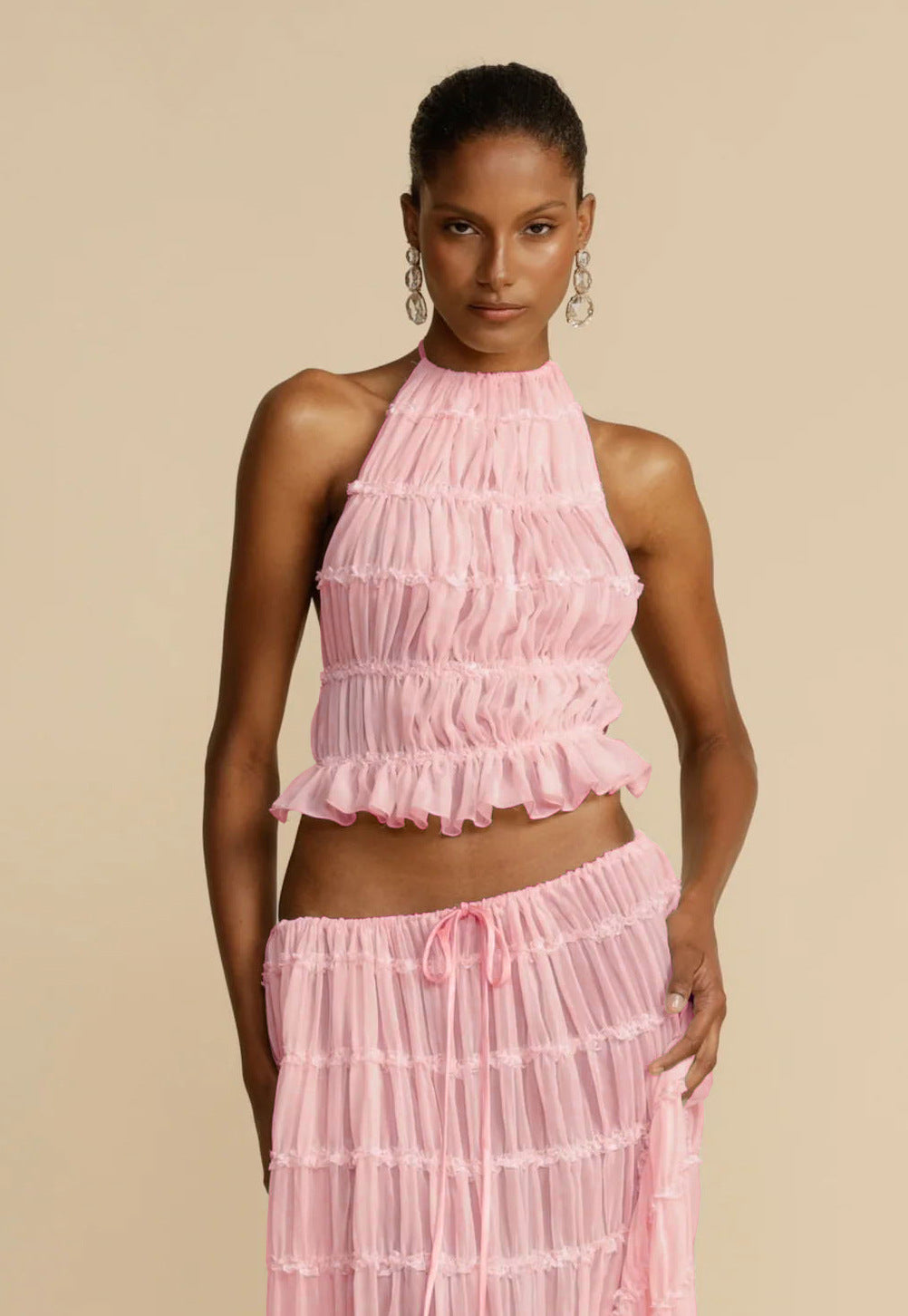 Women's Halter Crop Top Pleated Maxi Skirt Set Sexy Backless 2-Piece Beach Dress Suit – AdriaPulse
