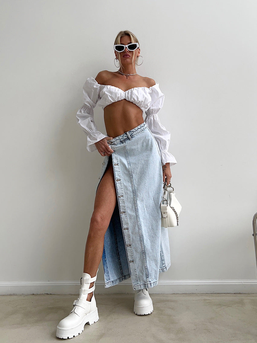 "Women's retro A-line washed denim maxi skirt with distressed detail in blue, elegant long jean skirt – AdriaPulse"