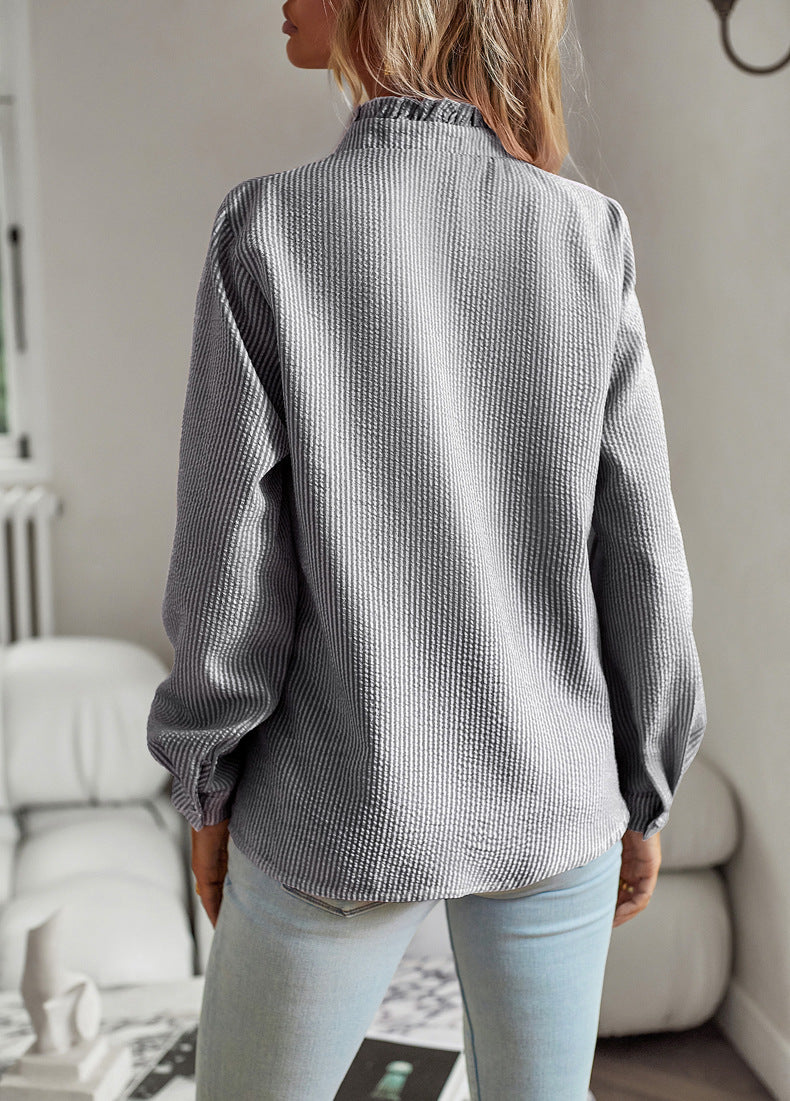 Gestreiftes Langarmshirt, modisches Rüschendesign, geknöpfte Oberteile, lässige Bürobluse, elegante Damenkleidung für Pendler