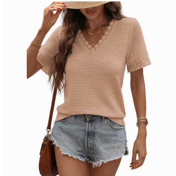 Women's V-Neck Waffle Knit Lace Patchwork T-Shirt White AdriaPulse
