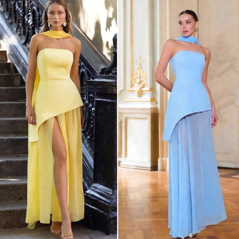 Women's Strapless Chiffon A-Line Dress Silk Tie Slit Blue AdriaPulse