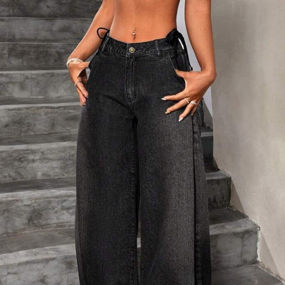 Damen Retro Capri-Jeans mit weitem Bein – Hoher Bund Locker geschnittener schwarzer Denim