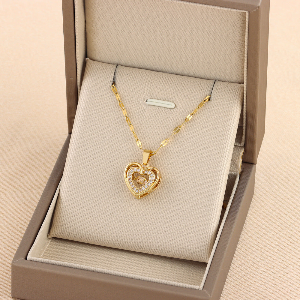 Double Layer Heart Necklace | Rhinestone Titanium Steel Pendant – Women's Gift