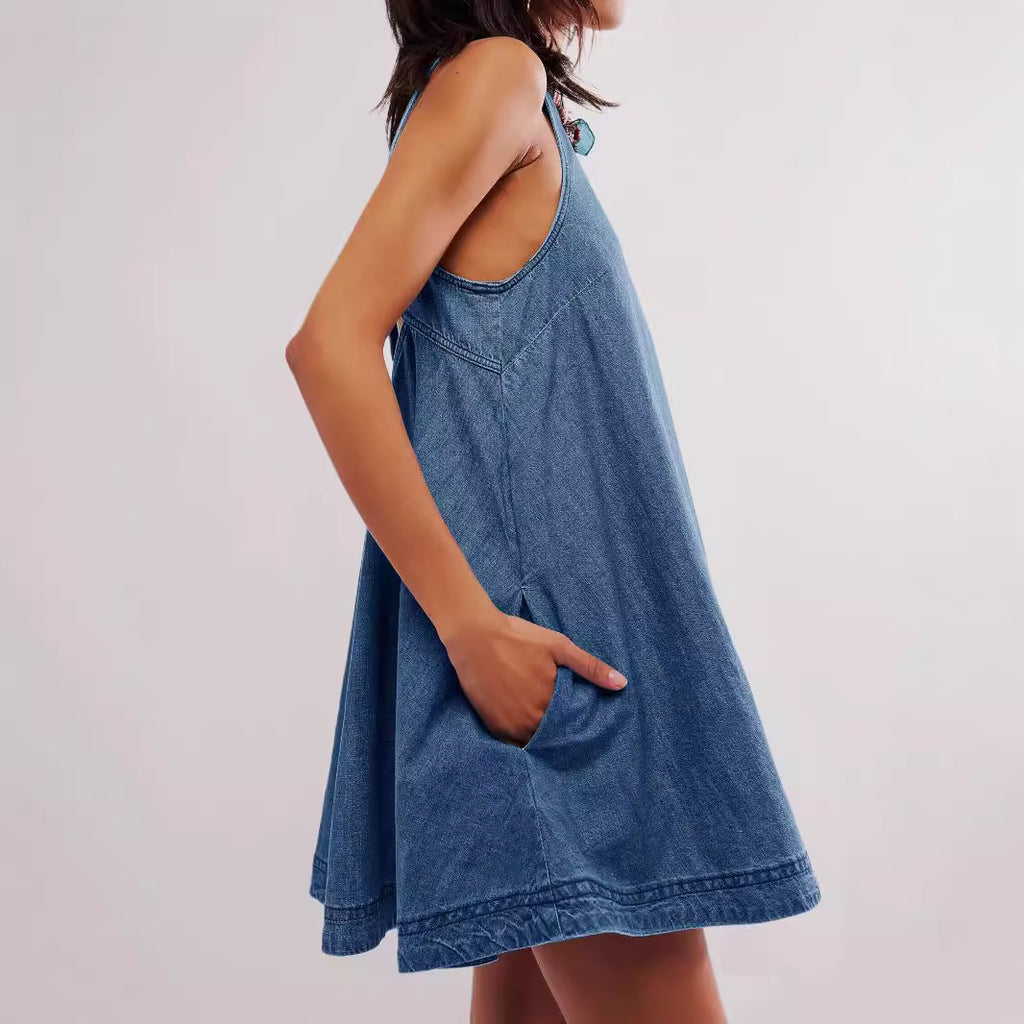 Sleeveless Backless Denim Mini Dress Dark Blue | AdriaPulse