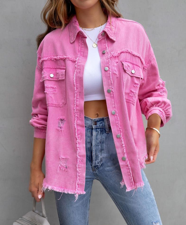"Women's oversized frayed black denim shacket with ripped distressed detail and button-down closure, casual festival style – AdriaPulse"