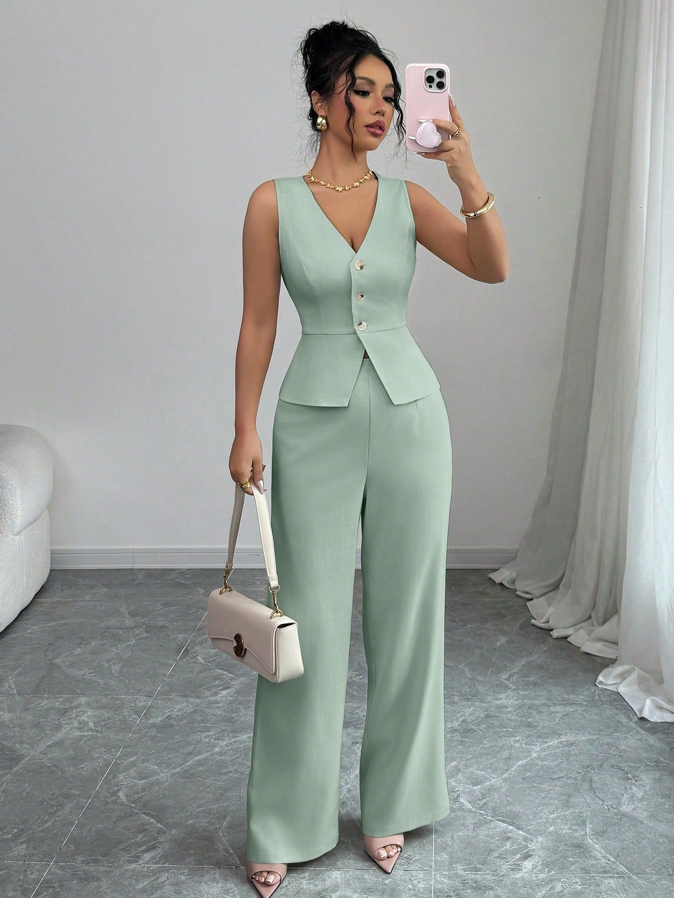 Women's Slim V-Neck Vest High Waist Trousers Two-Piece Set Sleeveless Summer Co-Ord – AdriaPulse
