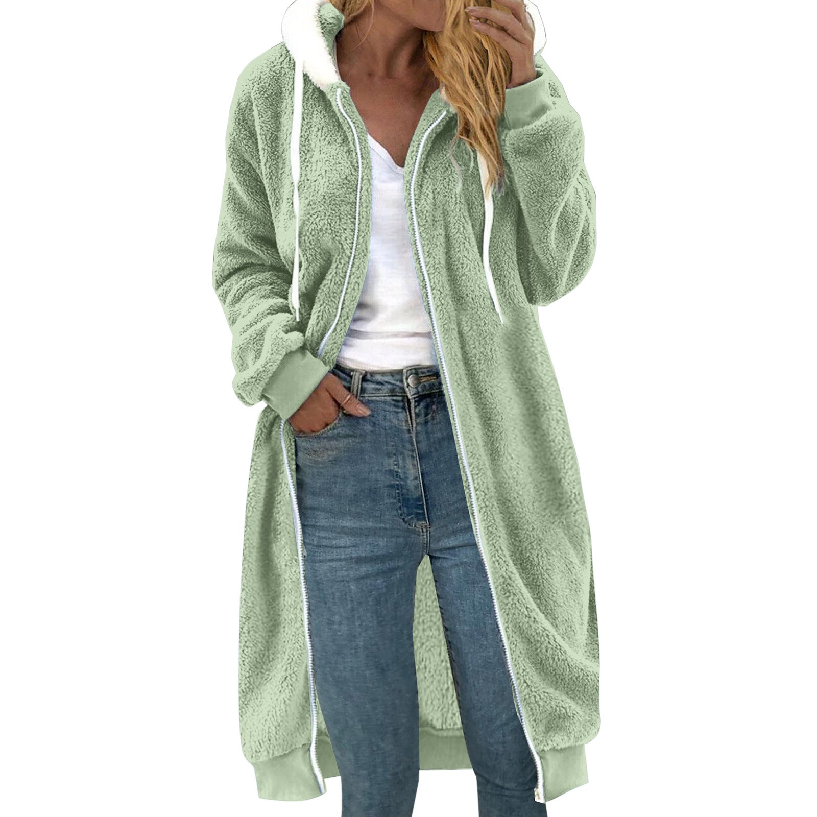 Manteau à capuche en peluche double face mi-long épais pour femme