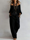 Women's Off-Shoulder Three-Quarter Sleeve Top Wide-Leg Pants Set Minimalist Street Fashion Co-Ord – AdriaPulse
