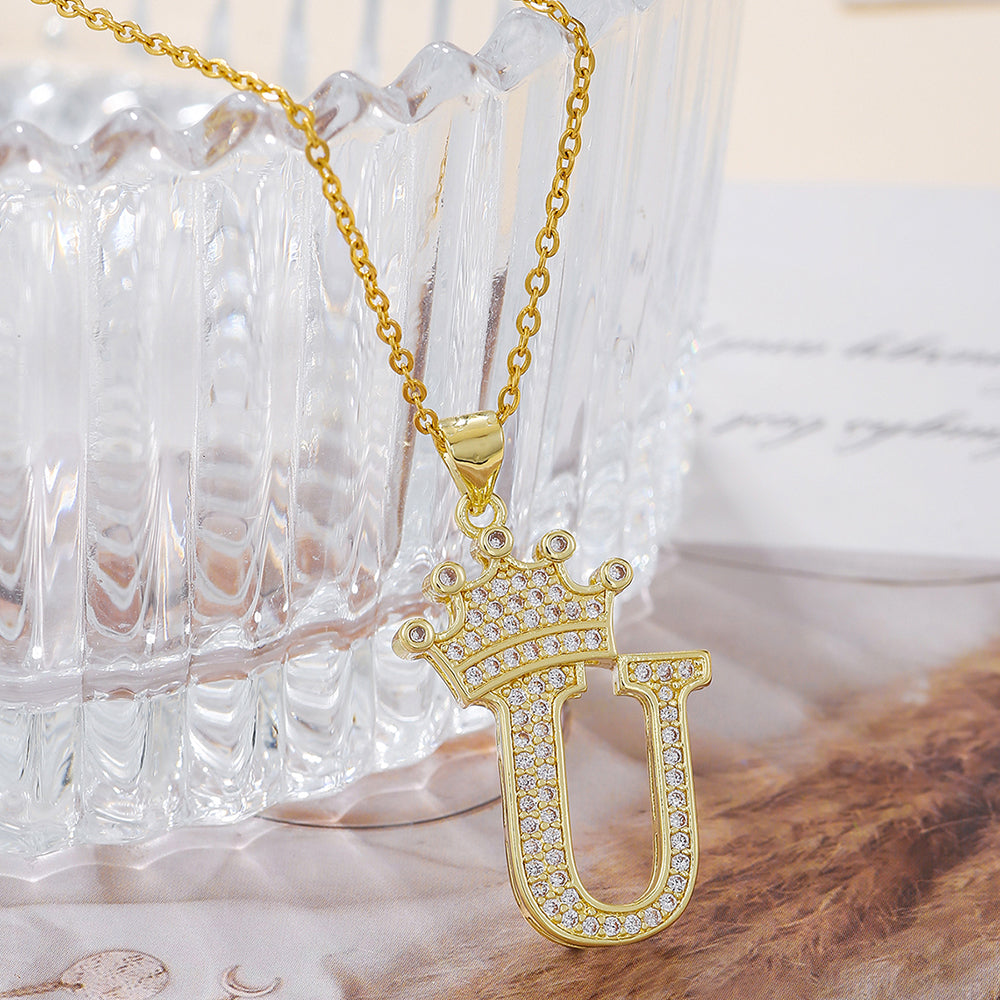 Gold Crown Initial Letter Pendant Necklace – Zircon A–Z Alphabet Jewelry