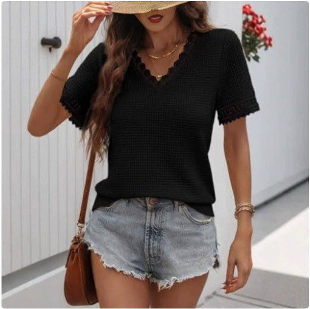 Women's V-Neck Waffle Knit Lace Patchwork T-Shirt  AdriaPulse