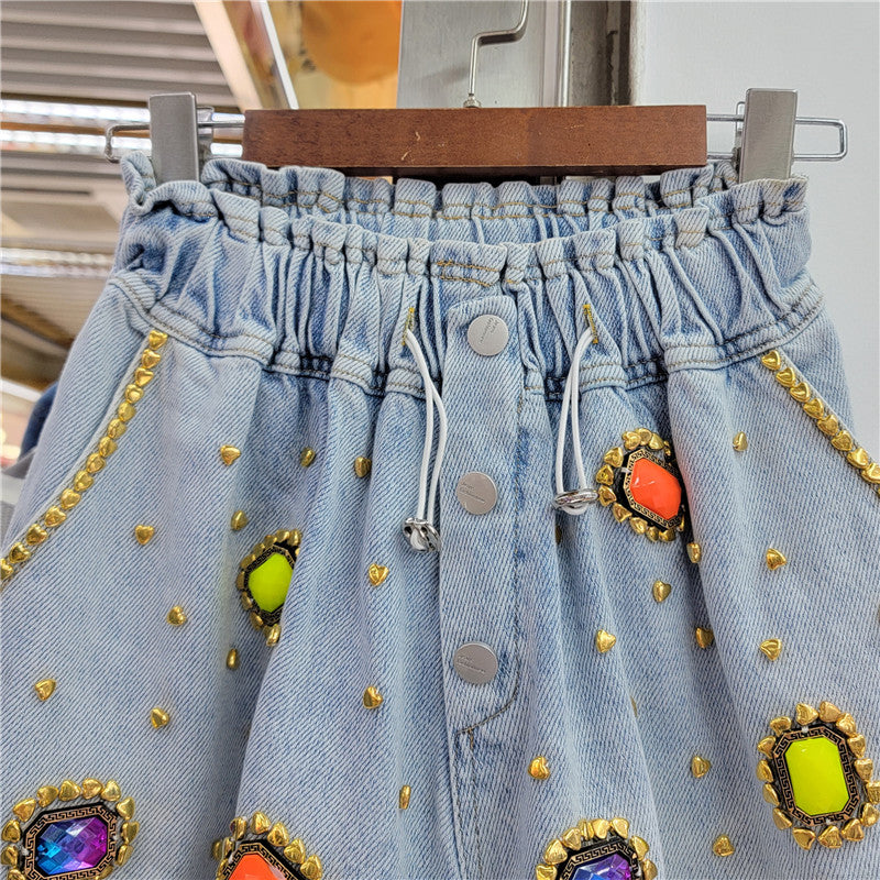Women's Diamond Beaded High Waist Wide-Leg Denim Shorts – Embellished Blue