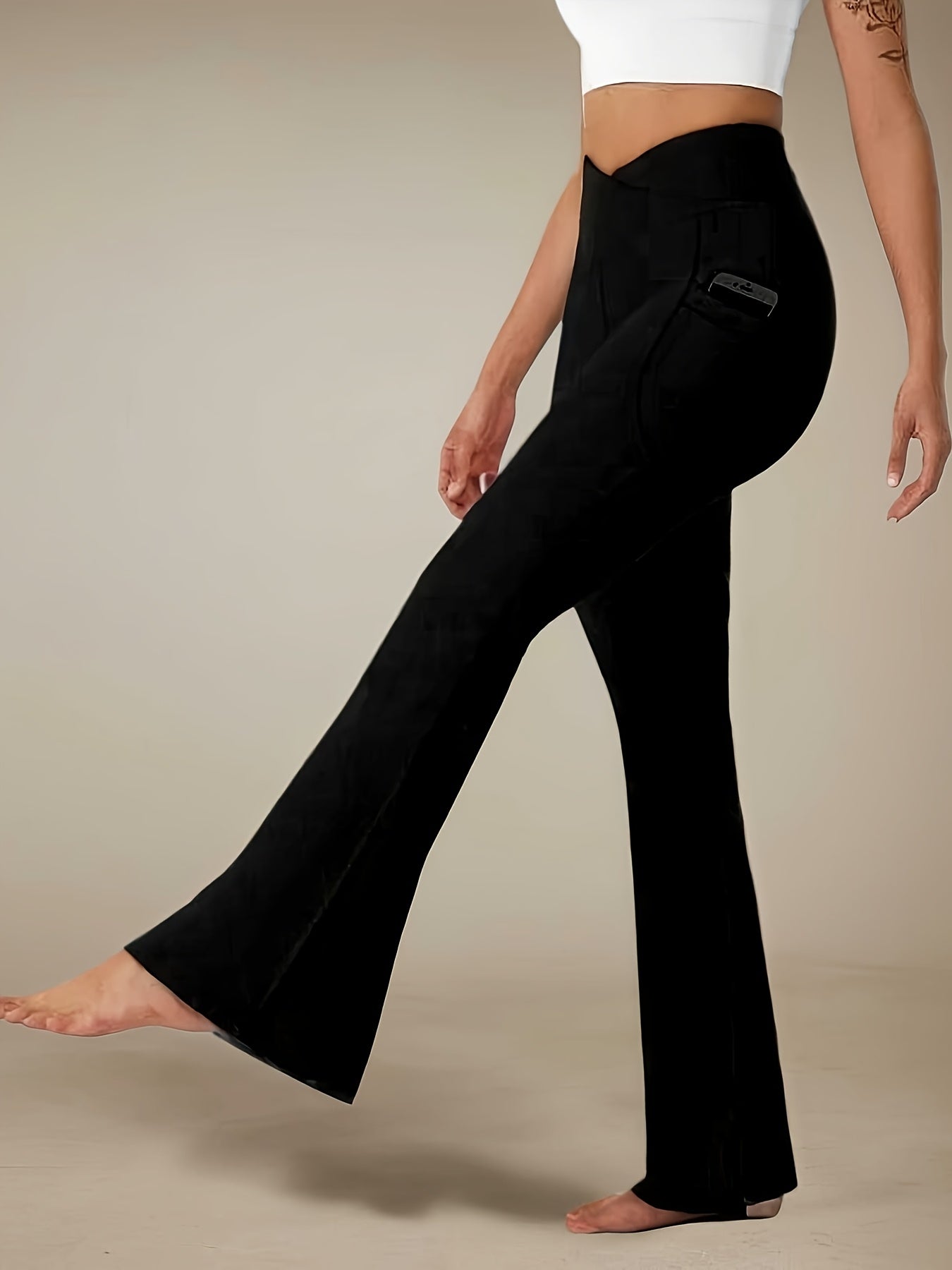 Women's Flared Yoga Pants High Elasticity Sports Leggings – Solid Black – Front View | AdriaPulse