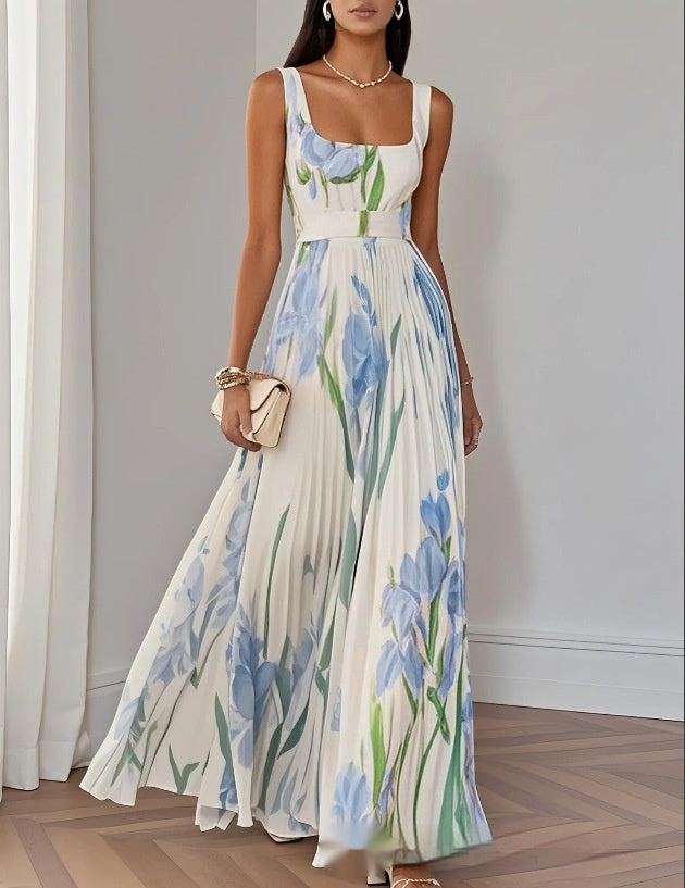 Floral Print Pleated A-Line Midi Dress Sleeveless High Waist Summer Dress AdriaPulse
