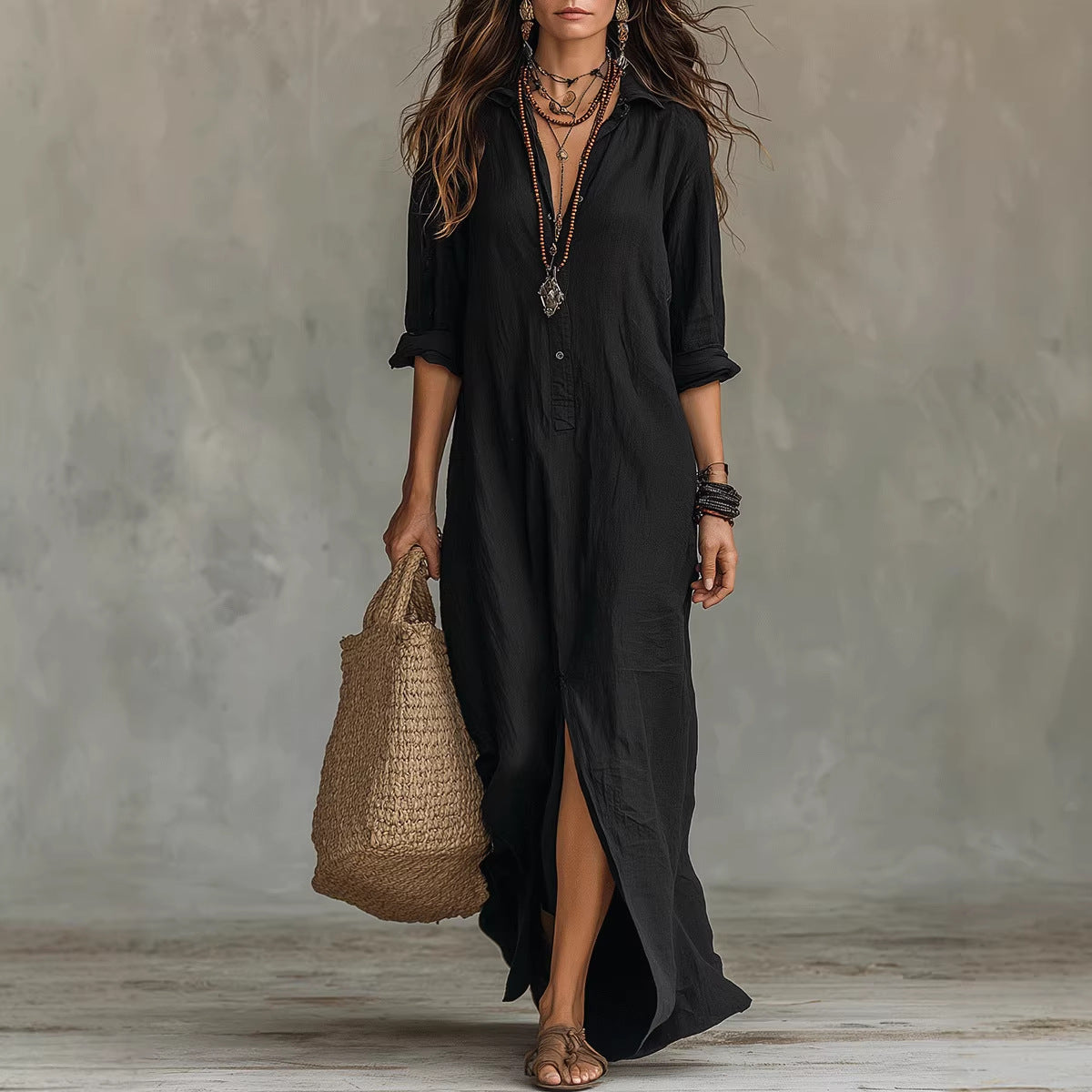 Women's Long Sleeve Maxi Dress Casual A-Line Side Slit Beach Dress – AdriaPulse" eklendi