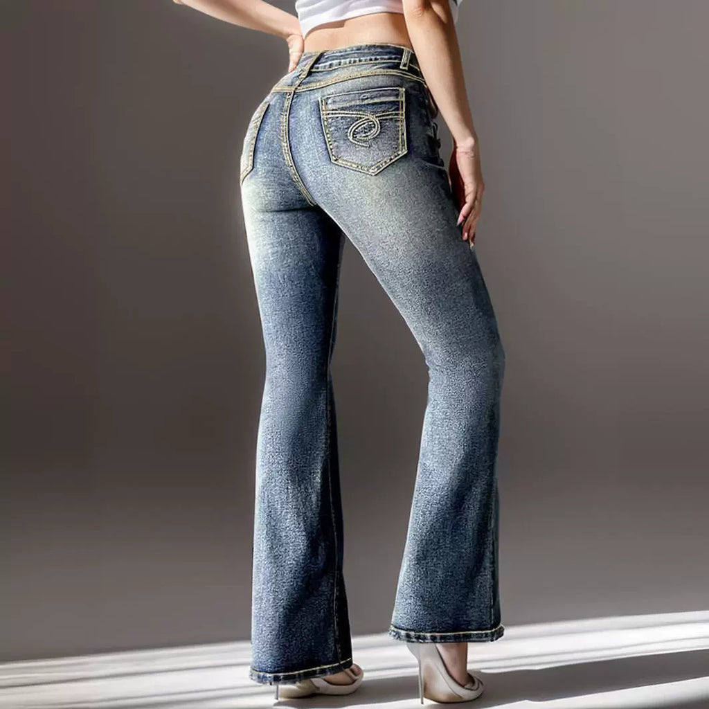 Women's Embroidered Bootcut Jeans – High-Waist Stretch Denim, Sea Blue